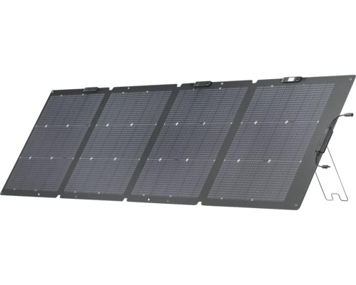 Vikbar solpanel med fyra moduler och integrerat stativ samt anslutningskablar.