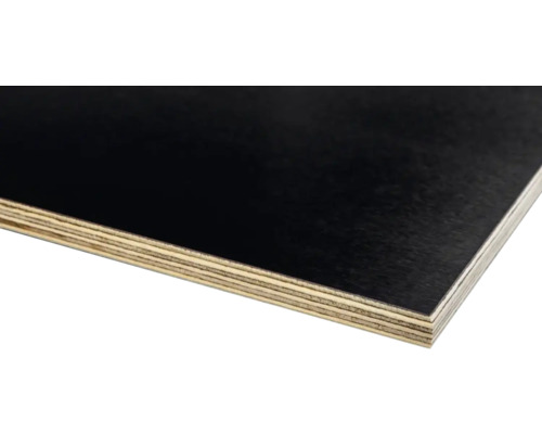 Formplywood med mörk yta och synliga träskikt.