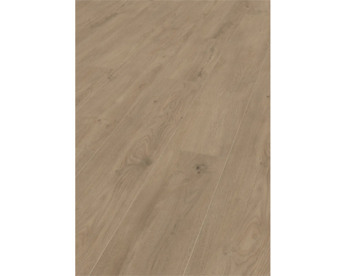 Golvbeläggning av laminat eller vinyl med eklook, träådring och kvistar.