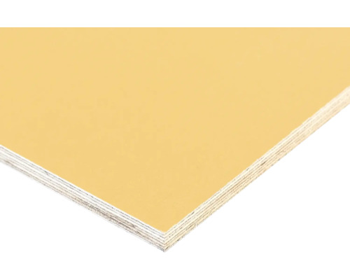 Gulbelagd plywoodskiva med synlig träskiktskant.