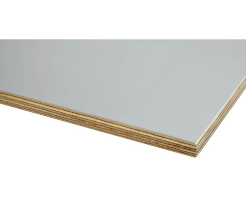 Plywoodskiva med grå yta och synliga träskikt på kanten.