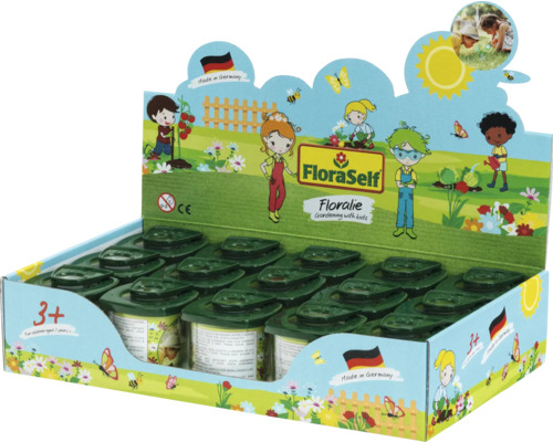 FloraSelf Floralie butiksdisplay med gröna luppburkar för barn från 3 år, tillverkad i Tyskland.