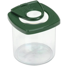 Klein luppburk för observation av insekter med grönt lock, extra förstoringslins och mätskala i botten.