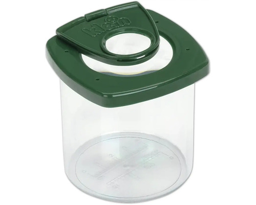 Klein luppburk för observation av insekter med grönt lock, extra förstoringslins och mätskala i botten.