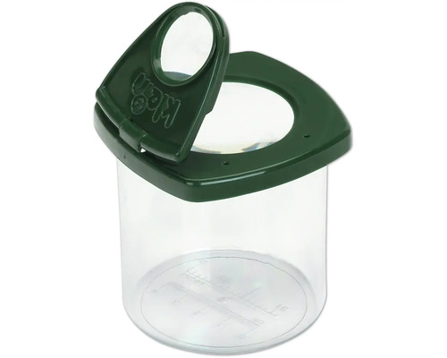 Luppburk av plast med grönt lock, två förstoringslinser och integrerad mätskala i botten på den genomskinliga behållaren.