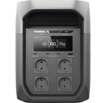 Frontvy av en bärbar kraftstation med LCD-display, USB-C-portar, USB-A-portar och fyra eluttag.