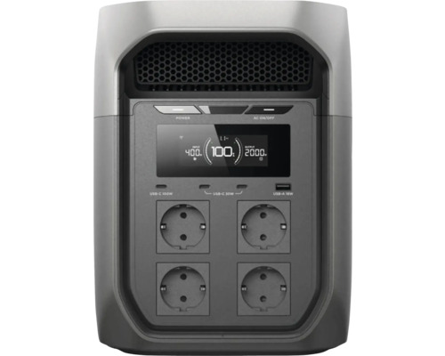 Frontvy av en bärbar kraftstation med LCD-display, USB-C-portar, USB-A-portar och fyra eluttag.