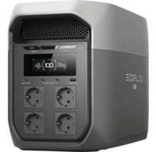 EcoFlow bärbar powerstation med fyra eluttag, USB portar och en digital display för batteristatus.