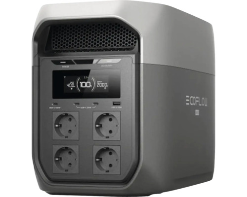 EcoFlow bärbar powerstation med fyra eluttag, USB portar och en digital display för batteristatus.