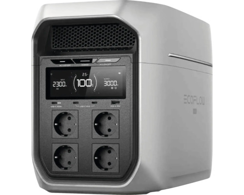 EcoFlow bärbar powerstation med digital display, fyra eluttag, USB-portar och ventilationsgaller.