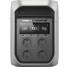 Bärbar kraftstation med display som visar 100 procent laddning, fyra eluttag samt USB-C- och USB-A-portar.