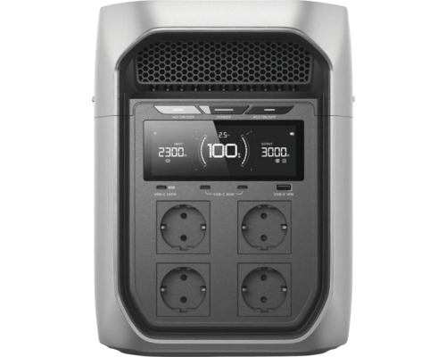 Bärbar kraftstation med display som visar 100 procent laddning, fyra eluttag samt USB-C- och USB-A-portar.