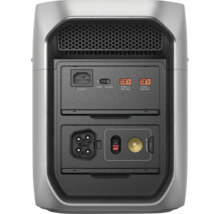 Baksida av ett bärbart kraftverk med anslutningar för växelströmsingång, solladdning och 12 Volt biluttag.