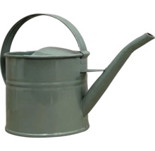 Grå vattenkanna i metall med handtag och lång pip.