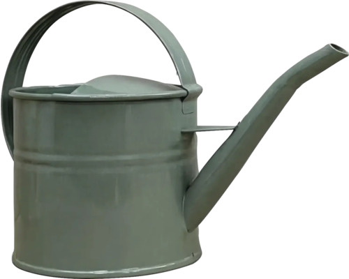 Grå vattenkanna i metall med handtag och lång pip.