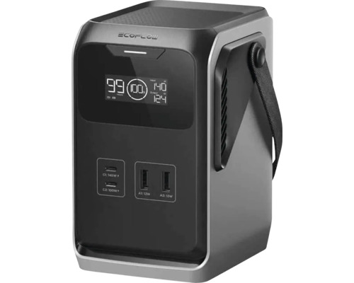 Bärbart kraftverk EcoFlow med digital display, USB-C- och USB-A-portar samt bärrem.