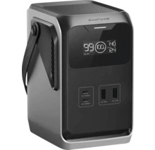 EcoFlow bärbar kraftstation med bärrem, display för batteristatus, två USB-C-portar på 140 och 100 Watt samt två USB-A-portar.