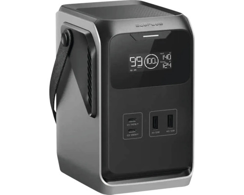 EcoFlow bärbar kraftstation med bärrem, display för batteristatus, två USB-C-portar på 140 och 100 Watt samt två USB-A-portar.