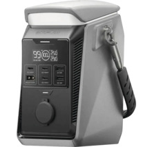 Bärbar kraftstation EcoFlow i grått med display, uttag för externa enheter, svart bärrem och EcoFlow Logo.