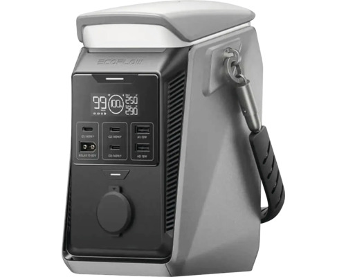 Bärbar kraftstation EcoFlow i grått med display, uttag för externa enheter, svart bärrem och EcoFlow Logo.