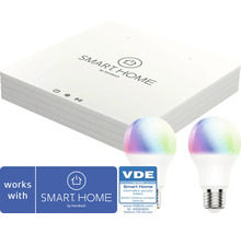 SMART HOME by hornbach startset med gateway och två flerfärgade LED-lampor, VDE-certifierad informationssäkerhet, SMART HOME by hornbach Logo.