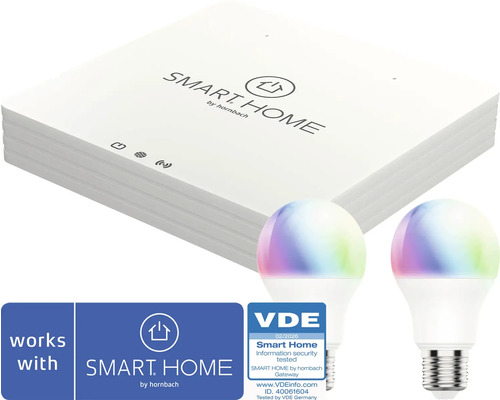 SMART HOME by hornbach startset med gateway och två flerfärgade LED-lampor, VDE-certifierad informationssäkerhet, SMART HOME by hornbach Logo.