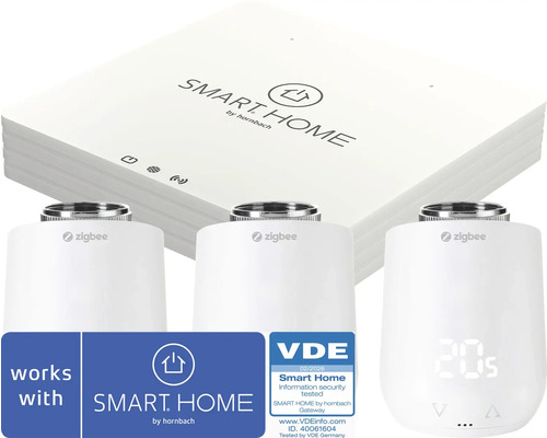 Smart Home by hornbach startset med gateway och tre Zigbee radiatortermostater, VDE testad informationssäkerhet.