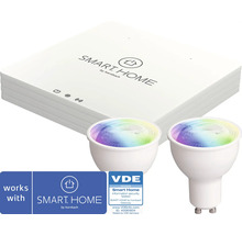 Smart Home by hornbach startset med vit gateway och två färgade LED-lampor, VDE-certifierad för informationssäkerhet.