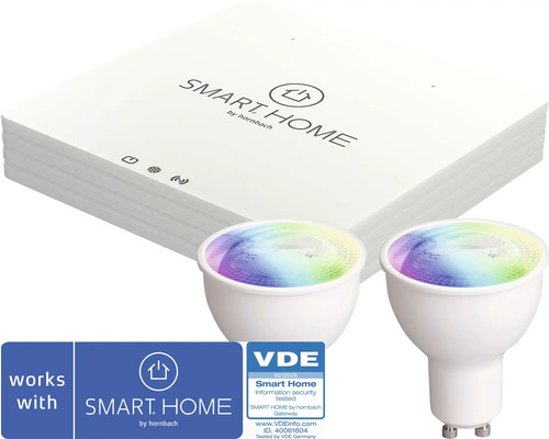 Smart Home by hornbach startset med vit gateway och två färgade LED-lampor, VDE-certifierad för informationssäkerhet.