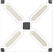 Kvadratisk kakelplatta med geometriskt mönster som består av en mörk fyrkant i mitten och diagonala ljusa ränder.