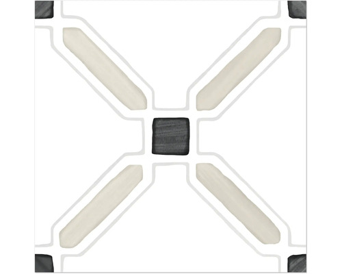 Kvadratisk kakelplatta med geometriskt mönster som består av en mörk fyrkant i mitten och diagonala ljusa ränder.