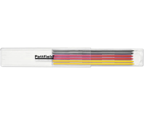 Gråa, röda och gula Pattfield reservstift för djuphålsmärkare i en plastask med Pattfield Logo.