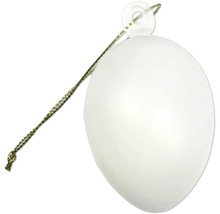 Vitt påskägg i plast för upphängning med guldsnöre.