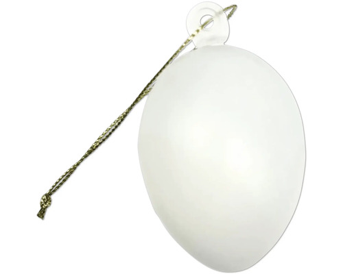 Vitt påskägg i plast för upphängning med guldsnöre.