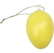 Gult dekorationsägg av plast med upphängningsögla för påskdekoration.