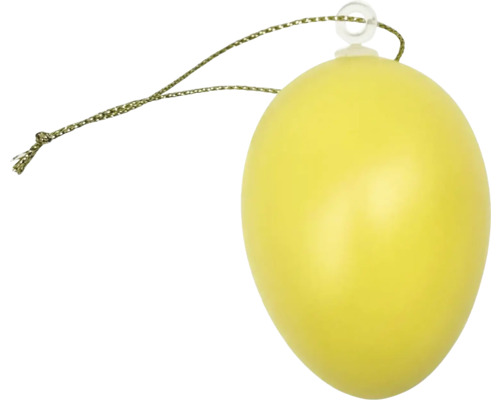 Gult dekorationsägg av plast med upphängningsögla för påskdekoration.