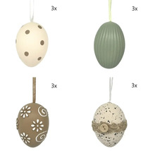 Set med 12 dekorativa påskägg för upphängning i fyra utföranden: prickiga, räfflade, blommiga och spräckliga med juteband och knapp.