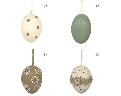 Set med 12 dekorativa påskägg för upphängning i fyra utföranden: prickiga, räfflade, blommiga och spräckliga med juteband och knapp.