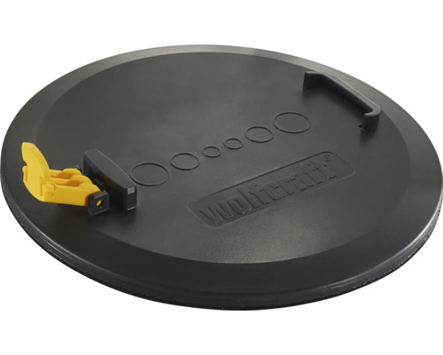 Wolfcraft borrmall för hålväggsdosor av svart plast med gul spännarm, handtag och Wolfcraft Logo.