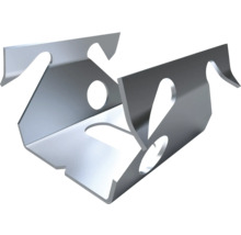 Monteringsklämma i metall för gipsprofiler av galvaniserat stål med krokar och urtag.