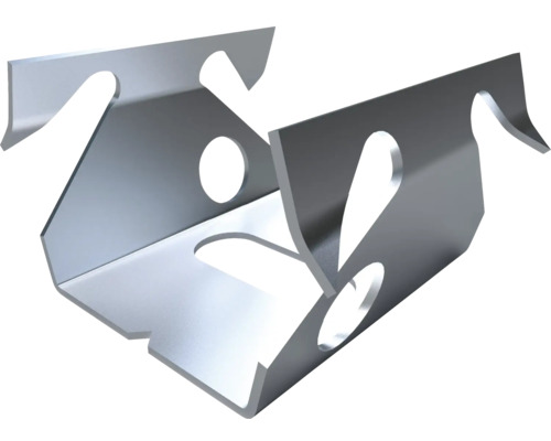 Monteringsklämma i metall för gipsprofiler av galvaniserat stål med krokar och urtag.