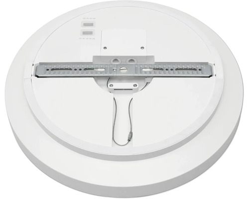 Baksida av en rund LED-taklampa med monteringsfäste i metall och säkerhetsvajer.