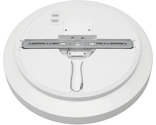 Baksida av en rund LED-taklampa med monteringsskena i metall, kopplingsdosa och säkerhetsvajer.