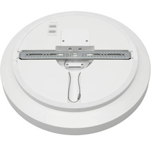 Baksida av en rund LED-taklampa med monteringsbygel i metall, anslutningsutrymme och säkerhetsvajer.