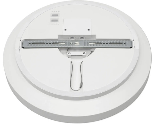 Baksida av en rund LED-taklampa med monteringsbygel i metall, anslutningsutrymme och säkerhetsvajer.