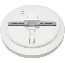 Baksida av en rund LED-taklampa med monteringsfäste, inställningsknappar för färgtemperatur och effekt samt säkerhetsvajer.