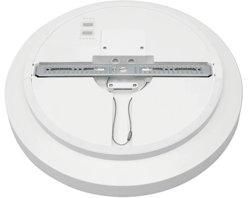 Baksida av en rund LED-taklampa med monteringsfäste, inställningsknappar för färgtemperatur och effekt samt säkerhetsvajer.