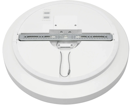 Baksidan av en rund taklampa med monteringsbygel i metall och säkerhetsvajer.