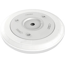 Rund monteringsplatta i vit plast med vridlås och präglade markeringar för öppning.