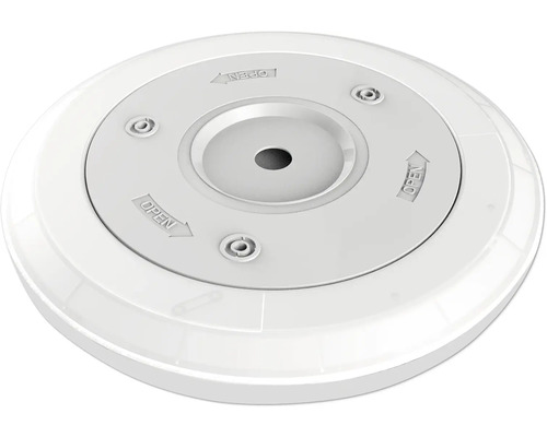 Rund monteringsplatta i vit plast med vridlås och präglade markeringar för öppning.